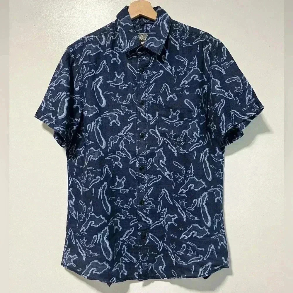 Roots Canada Blue Linen Button-Up Shirt - Men’s Medium, Abstract Print